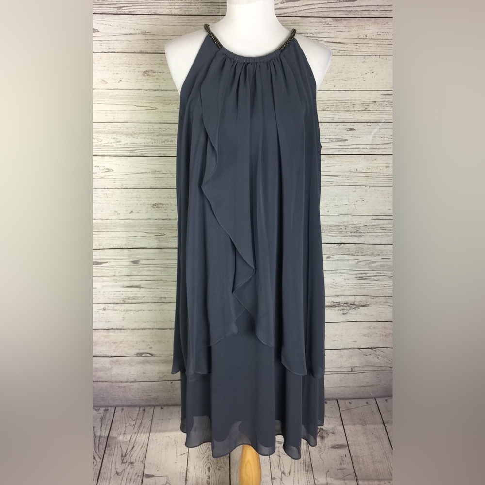 SLNY Woman Gray Beaded Lined Ruffle Sleeveless Halter A-Line Dress
